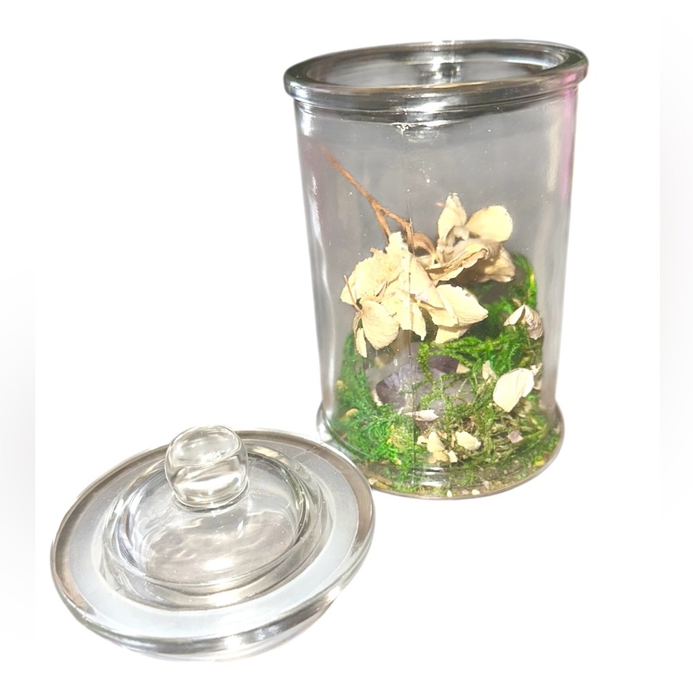 Glass Jar with Dried Wedding Flowers, Green Moss, Two Amethyst Crystal Rocks - Picture 3 of 10